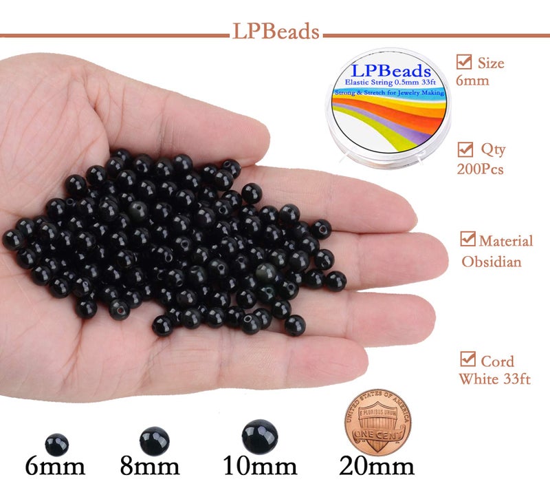 LPBeads 200Pcs Polished 6mm Round Natural Black Obsidian Gemstone Loose Beads with Stretch Cord for Jewelry Making Bracelets - Image 2